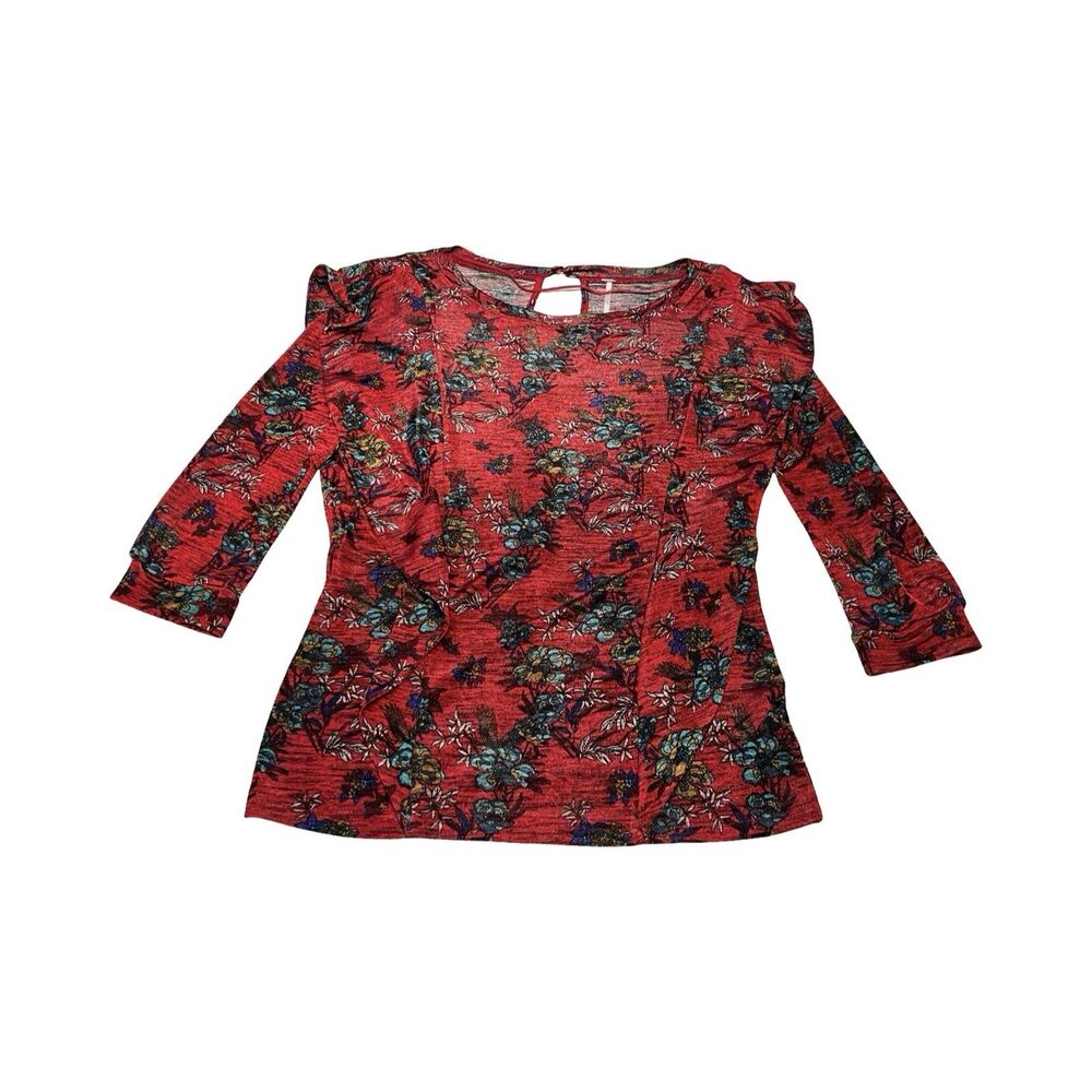 Free People Red Floral Ruffle Shoulder Keyhole Back 3/4 Sleeve Top Small